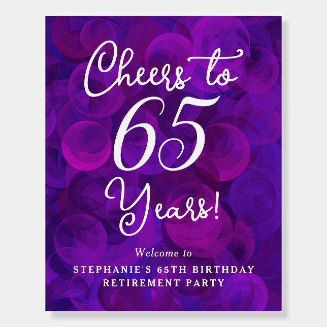 Purple Cheers to 65 Years Retirement Welcome Sign (Front)