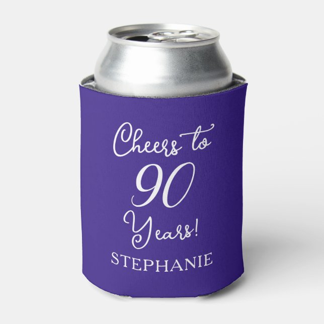Purple Cheers to 90 Years 90th Birthday Can Cooler (Can Front)