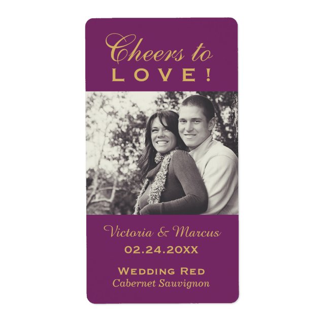 Purple Cheers to Love Wedding Photo Wine Bottle Label (Front)