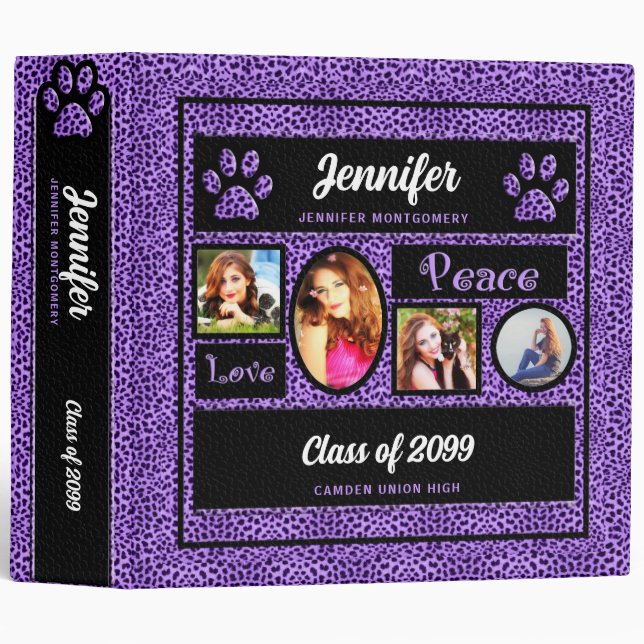 Purple Cheetah Print Photo Collage Back to School 3 Ring Binder (Front/Spine)