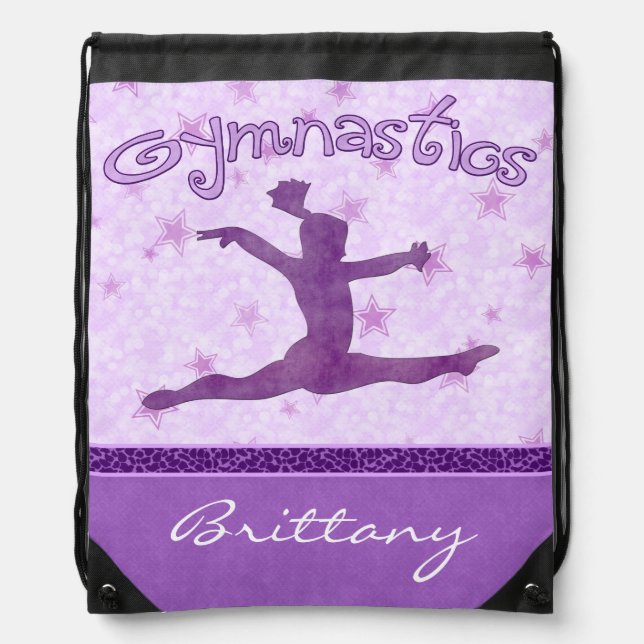 Purple Cheetah Print Stripe Gymnastics w/ Monogram Drawstring Bag (Front)