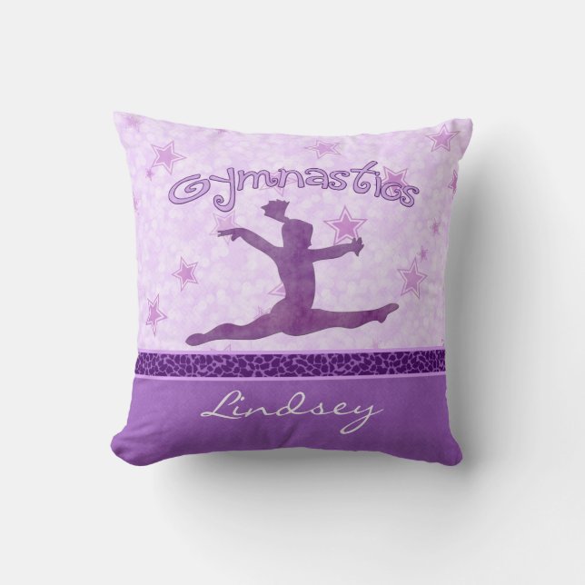 Purple Cheetah Print Stripe Gymnastics w/ Monogram Throw Pillow (Front)