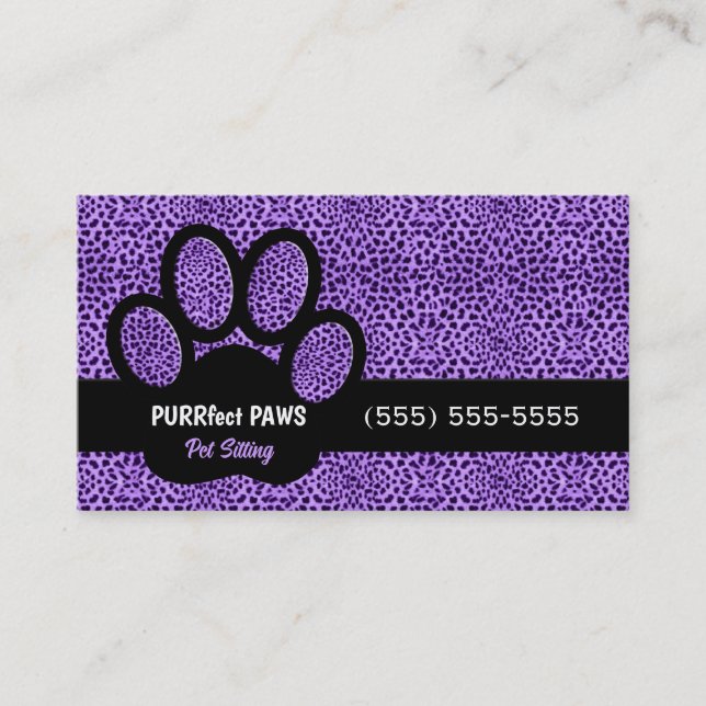 Purple Cheetah Print with Custom Paw Pet Sitter Business Card (Front)