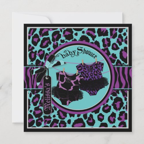 Purple Cheetah Rock Star Tutu Twins Baby Shower Invitation