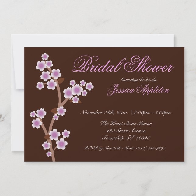 Purple Cherry Blossom Brown Bridal Shower Invitation (Front)