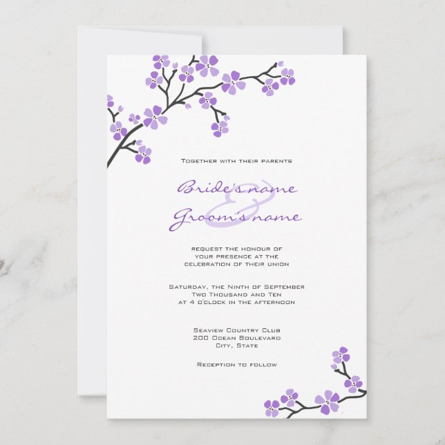 Purple Cherry Blossom Wedding Invitations (Front)