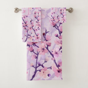 Purple cherry blossoms personalized monogram  bath towel set