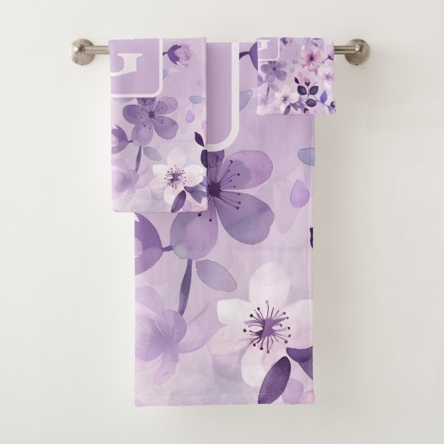 Purple cherry blossoms personalized monogram  bath towel set (Insitu)
