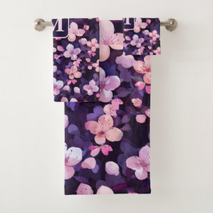 Purple cherry blossoms personalized monogram  bath towel set