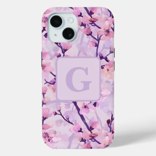 Purple cherry blossoms personalized monogram iPhone 15 case