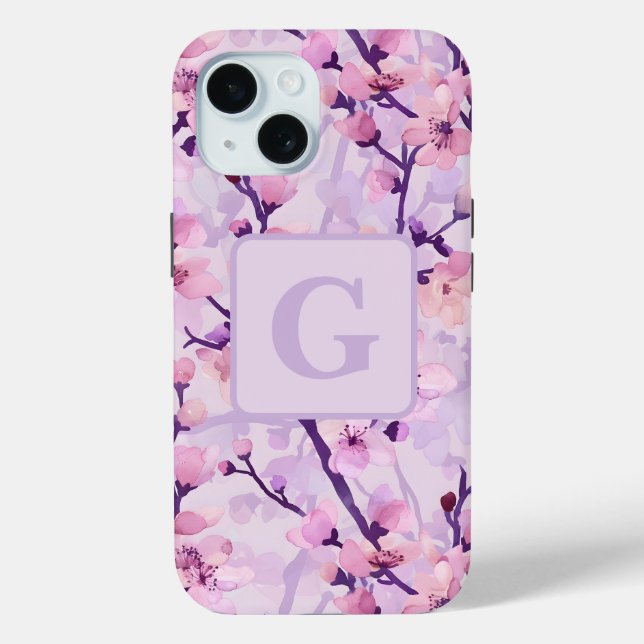 Purple cherry blossoms personalized monogram  Case-Mate iPhone case (Back)