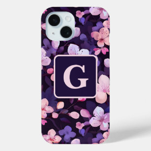 Purple cherry blossoms personalized monogram  iPhone 15 case