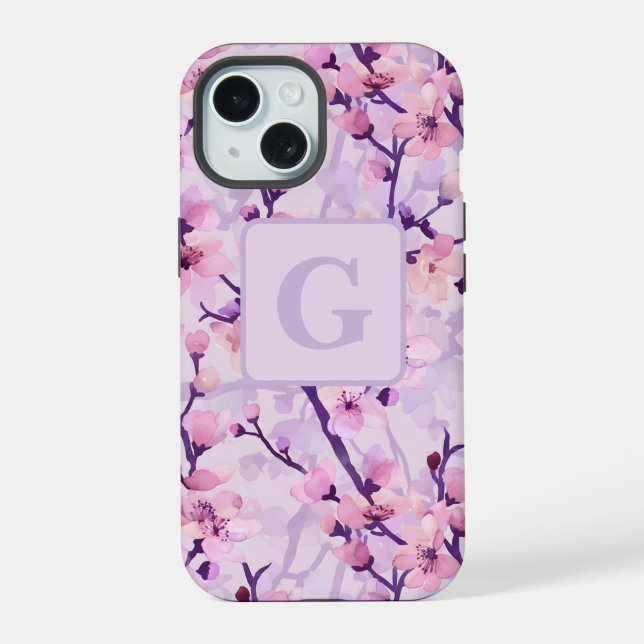 Purple cherry blossoms personalized monogram  iphone case (Back)