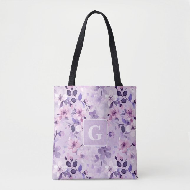 Purple cherry blossoms personalized monogram  tote bag (Front)