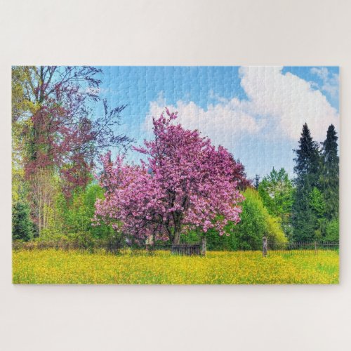 Purple Cherry Tree On Yellow Flower Field Jigsaw Puzzle