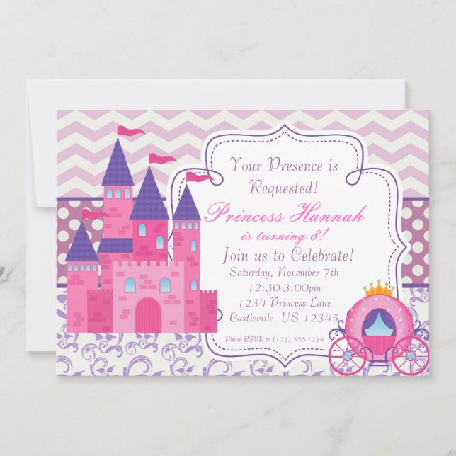 Purple Chevron and Damask Princess Birthday Party Invitation (Front)