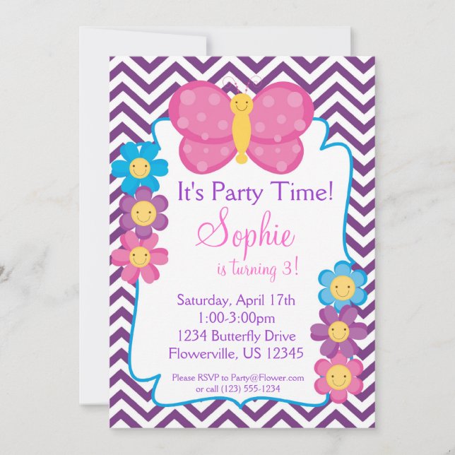 Purple Chevron and Pink Butterfly Birthday Party Invitation (Front)