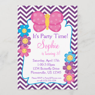 Purple Chevron and Pink Butterfly Birthday Party Invitation