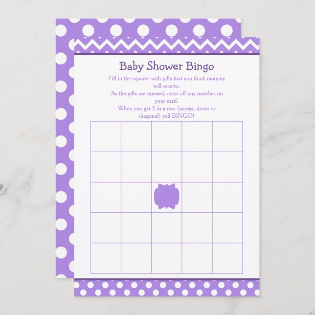 Purple Chevron and Polka Dot Baby Shower Bingo Invitation (Front/Back)