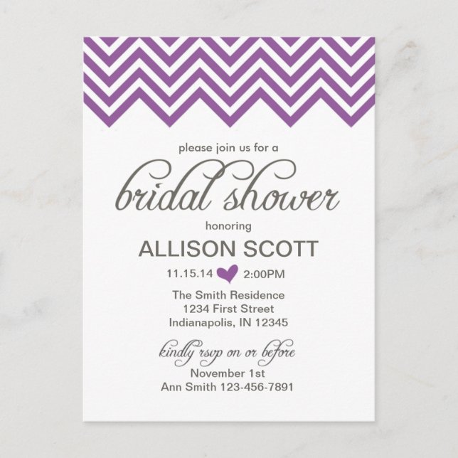 Purple Chevron Bridal Shower Postcard (Front)