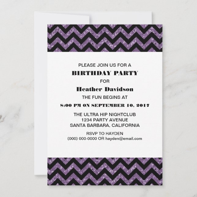 Purple Chevron Glitter Birthday Party Invite (Front)