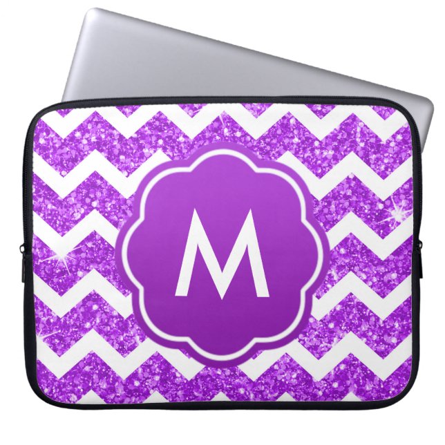 Purple Chevron Glitter Monogram Laptop Sleeve (Front)