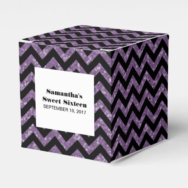 Purple Chevron Glitter Sweet 16 Favor Boxes (Front Side)