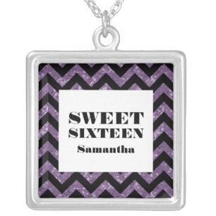 Purple Chevron Glitter Sweet 16 Necklace