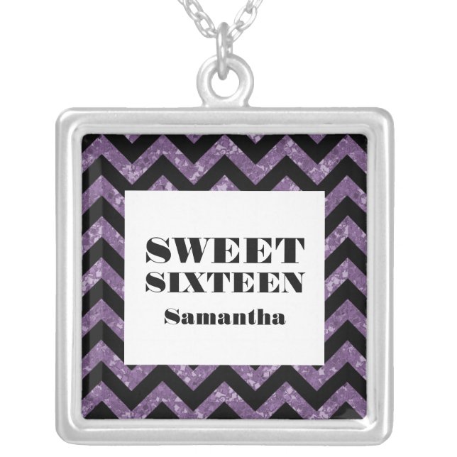 Purple Chevron Glitter Sweet 16 Necklace (Front)