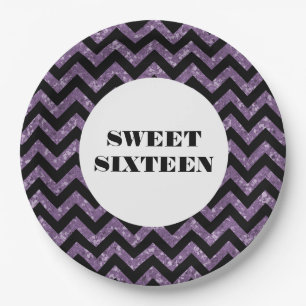 Purple Chevron Glitter Sweet 16 Paper Plates