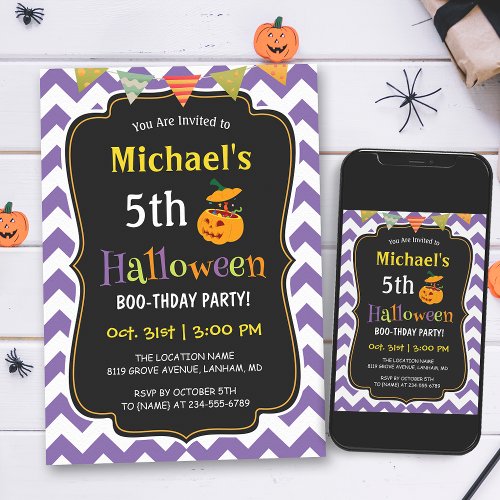 Purple Chevron Kid's Halloween Birthday Party Invitation