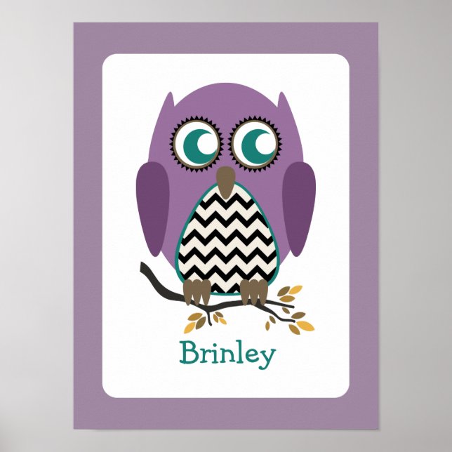 Purple Chevron Owl Nursery Artwork Poster (Front)