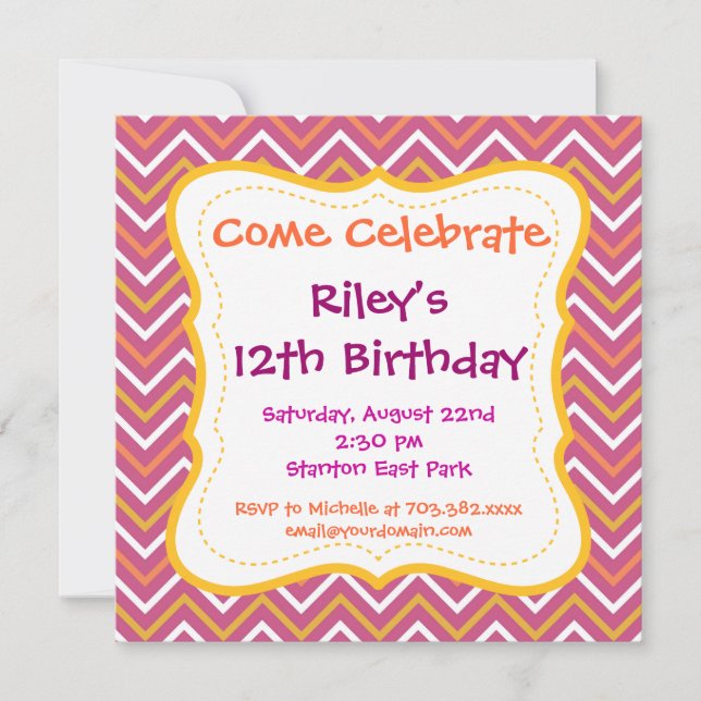 Purple Chevron Pattern Birthday Party Invitations (Front)