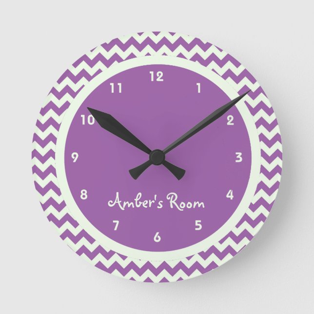 Purple Chevron Personalized Kid's Bedroom Round Clock (Front)