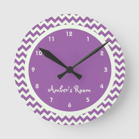Purple Chevron Personalized Kid's Bedroom Round Clock
