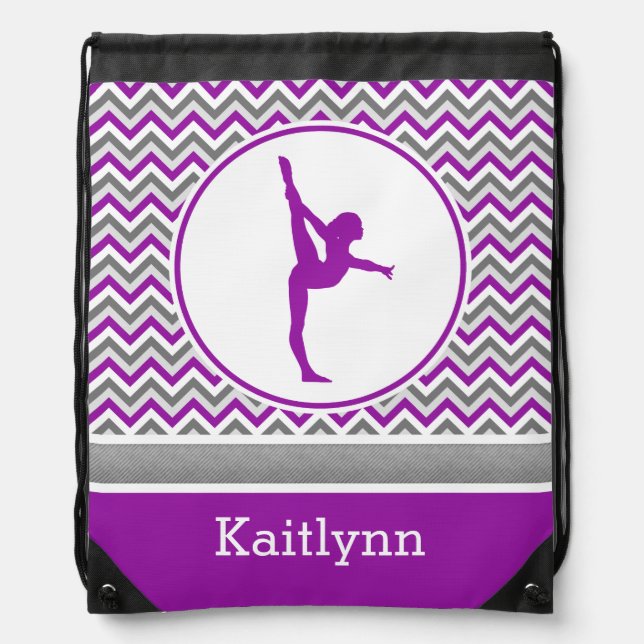 Purple Chevron Stripes Gymnastics w/ Monogram Drawstring Bag (Front)