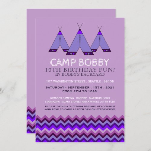 Purple Chevron Tipi Camping Birthday Invitation