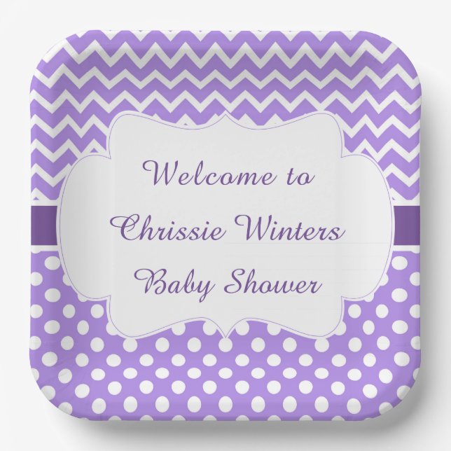 Purple Chevron & White Polka Dots Baby Shower Paper Plates (Front)