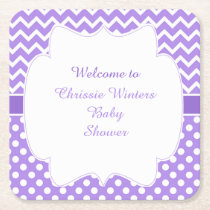 Purple Chevron & White Polka Dots Baby Shower Square Paper Coaster