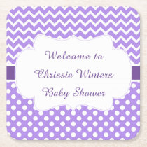 Purple Chevron & White Polka Dots Baby Shower Square Paper Coaster