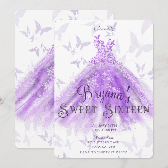 Purple Chic Butterfly Dance Dress Sweet 16  Invitation (Front/Back)