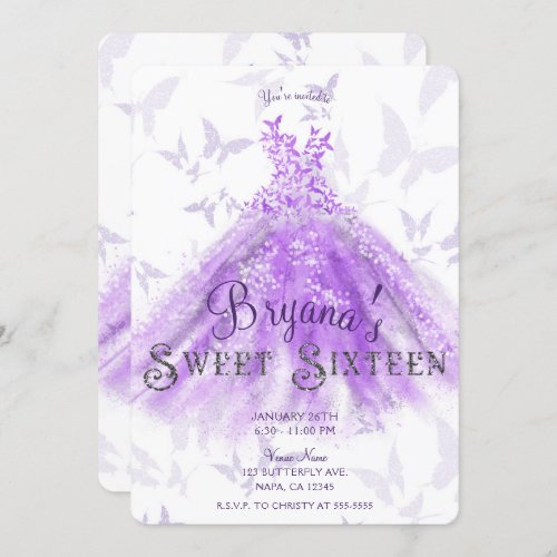 Purple Chic Butterfly Dance Dress Sweet 16  Invitation