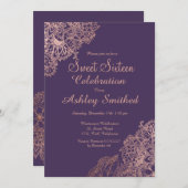 Purple chic girly rose gold floral Sweet 16 Invitation (Front/Back)