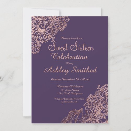 Purple chic girly rose gold floral Sweet 16 Invitation