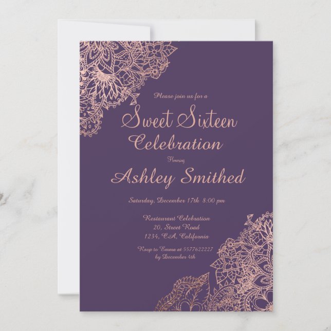 Purple chic girly rose gold floral Sweet 16 Invitation (Front)