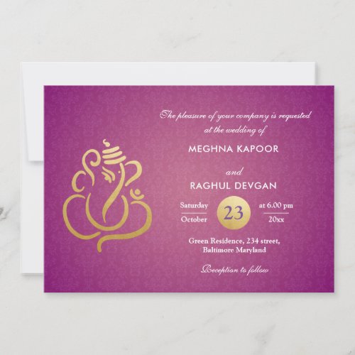 Purple Chic Gold Foil Ganesha Indian Damask  Invitation