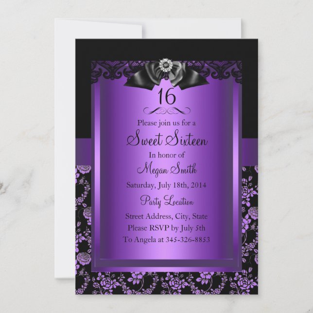 Purple Chic Rose & Jewel Bow Sweet Sixteen Invite (Front)