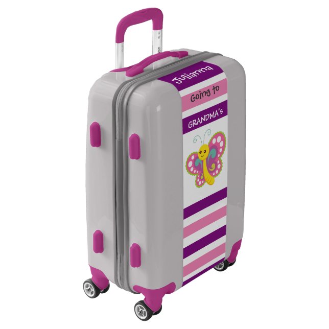 Purple Child Suitcase - Wheels and Butterflies (Rotated Left)