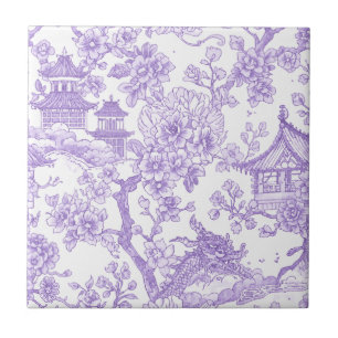 Purple Chinoiserie Toile Dragon Cherry Blossom Ceramic Tile