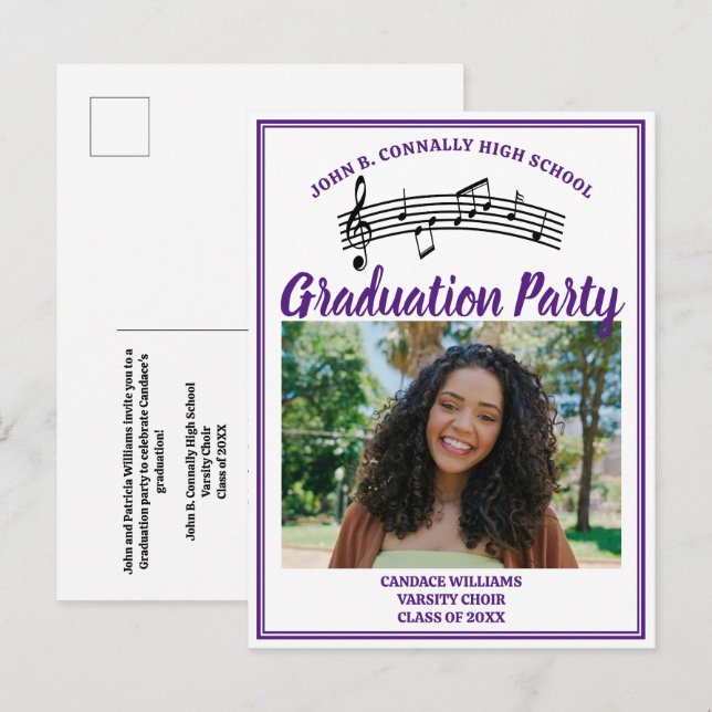 Purple Choir Photo High School Graduation Party Invitation Postcard (Front/Back)